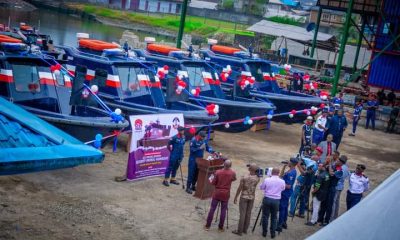 Minister of Interior, Ogbeni Rauf Aregbesola inaugurating eight gunboats for the Nigeria Security and Civil Defence Corps (NSCDC) on Tuesday as part of efforts to curb oil theft in the Niger Delta.