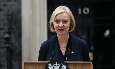 Britain’s Prime Minister Liz Truss delivers a speech outside of 10 Downing Street on Thursday