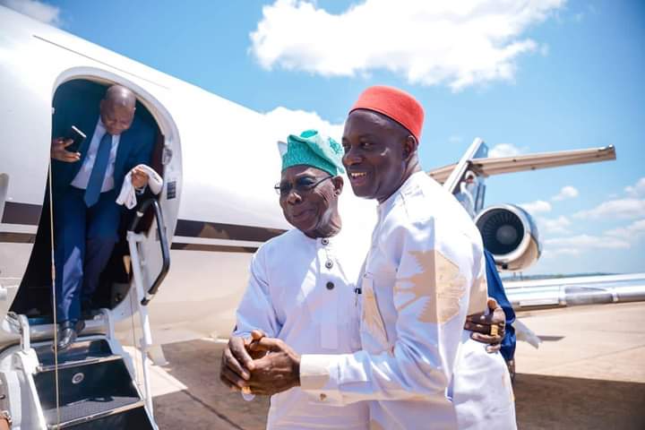 Gov Soludo Receives Obasanjo At Anambra Airport (Photos)