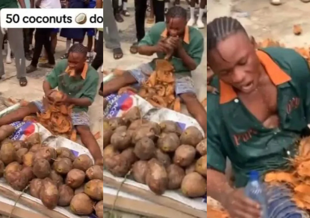 Nigerian man causes stir as he attempts to set Guinness World Record by peeling 50 coconuts with his teeth [Video]