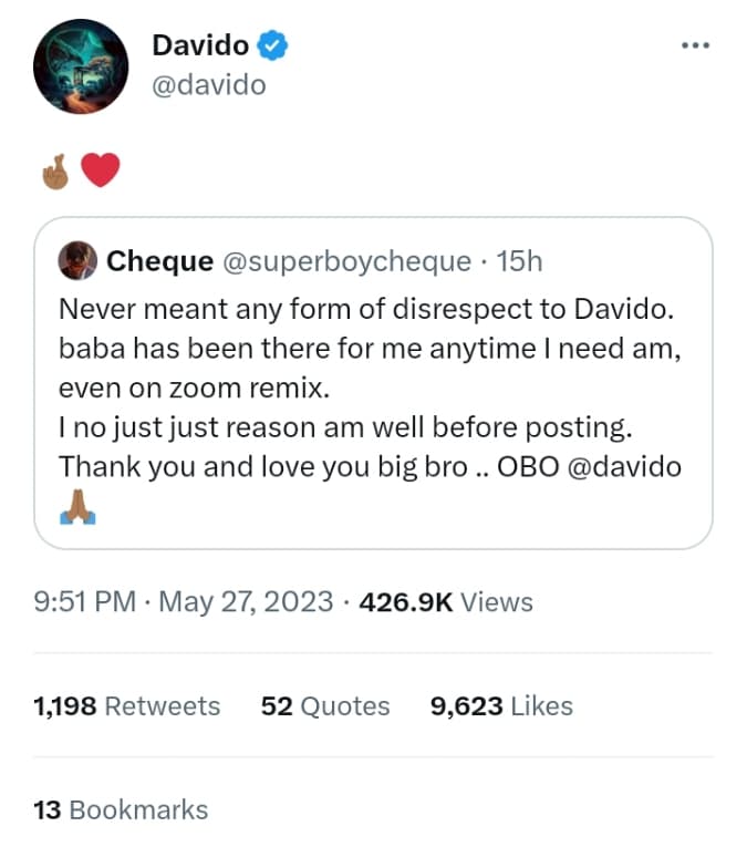 1685351557 418 Davido reacts to Cheques public apology for disrespecting Chioma