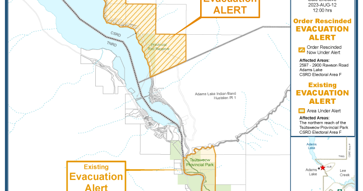 Evacuation order for Lower East Adams Lake wildfire downgraded to alert - Okanagan