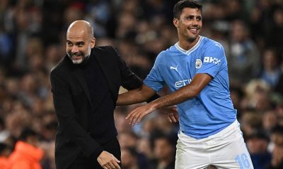Rodri has hailed working under Pep Guardiola (left) at Manchester City for elevating his game since his move in 2019