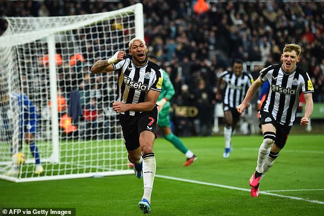 Newcastle's Brazilian Joelinton celebrates scoring the team's third goal during the game