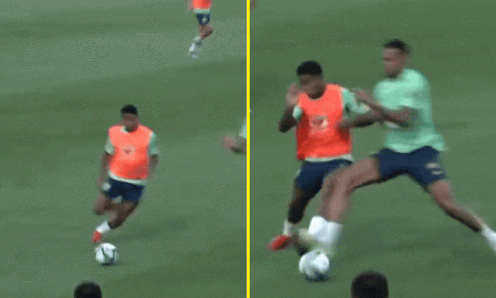 Arsenal star Gabriel welcomes Brazil's history making teenager Endrick by flooring him in training