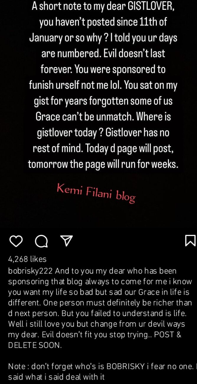 'Gistlover, your days are numbered', Bobrisky warns anonymous blog