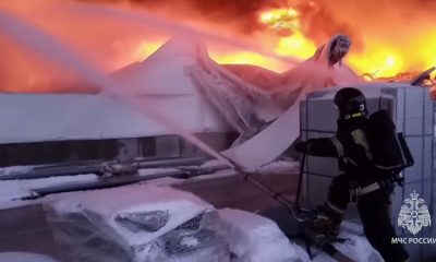 Huge fire engulfs a warehouse outside St Petersburg