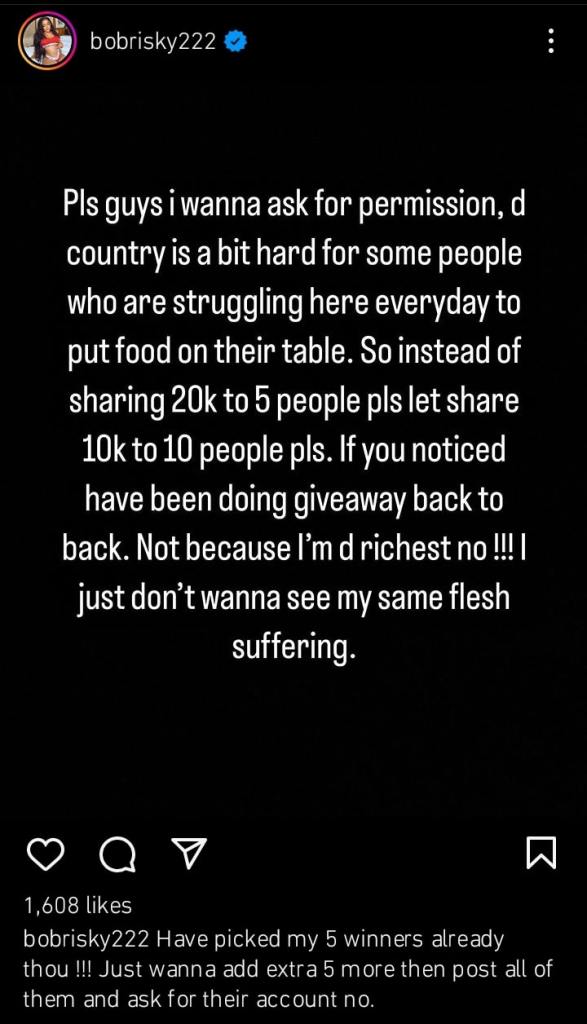 The country is hard and I dont want to see my flesh suffer Bobrisky explains the reason for his back to back giveaway tsbnews.com2