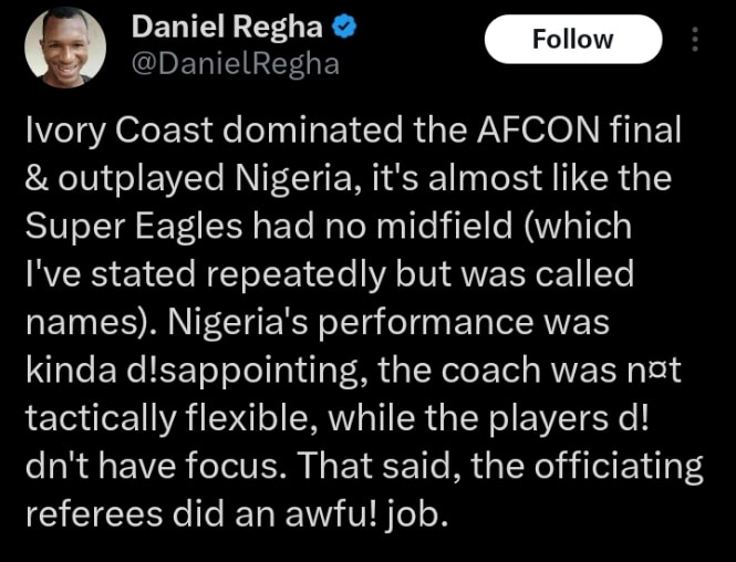Daniel Regha speaks on Nigeria Super Eagles' performance