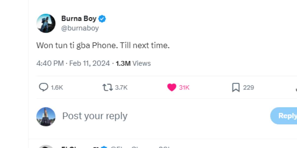 1707748676 584 Burna Boy laments losing access to his phones following comment