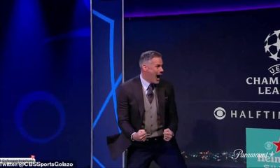 Jamie Carragher wildly celebrated Liverpool's win over Luton while in the CBS studio