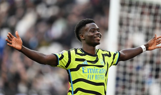 Bukayo Saka celebrates scoring a goal during Arsenal's 6-0 win vs West Ham