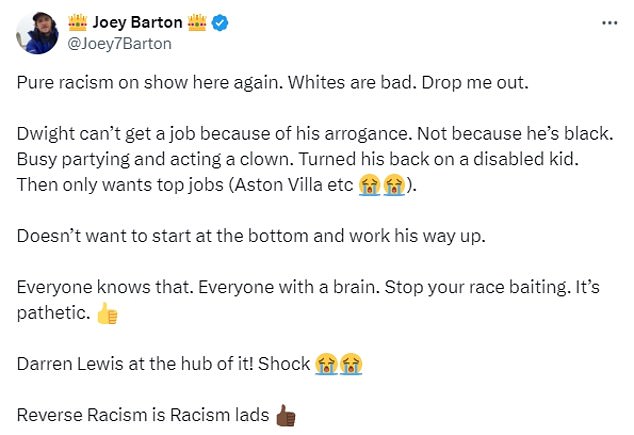 Barton laid into Yorke in a post on social media following the former striker's instance that managerial roles were hard for ex-black players to come by