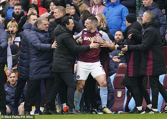 Emery was seen trying to calm McGinn down after the captain was involved in a mele on the touchline after being shown a red card