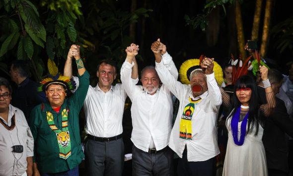 French President Emmanuel Macron visits the Amazon for the first time in Belem, Brazil on March 26, 2024. Macron met with Brazilian President Luiz Inácio Lula da Silva and indigenous leaders to discuss partnerships and climate issues.