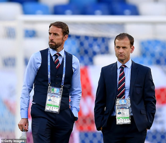 Three Lions manager Southgate pictured with Dan Ashworth, then the FA director of elite development, at the 2018 World Cup in Russia, and now a target for Manchester United