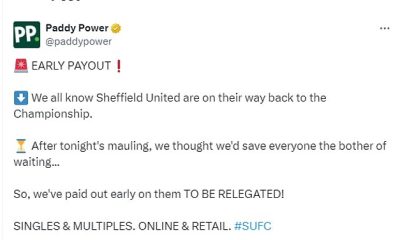 Paddy Power have paid out on bets for Sheffield United to get relegated to the Championship