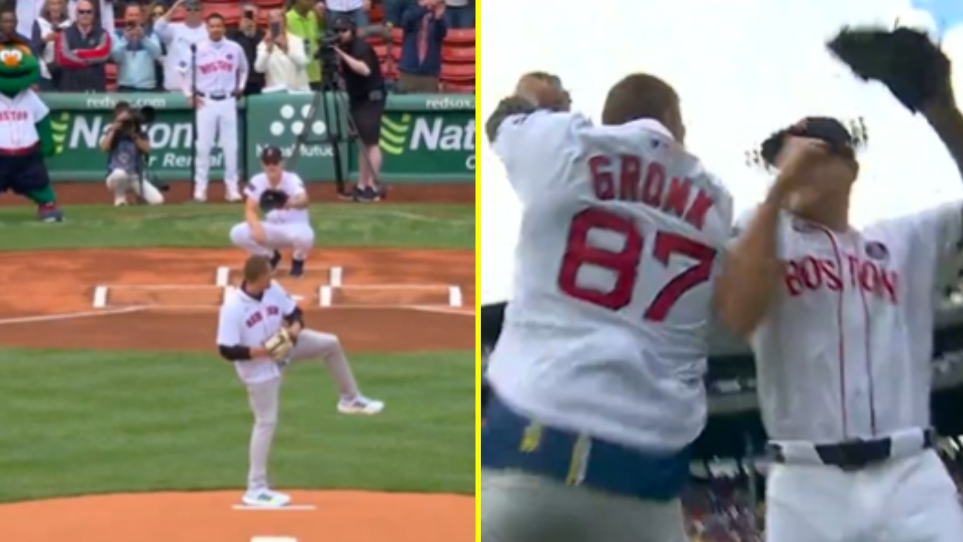 Rob Gronkowski throws the most intense first pitch in MLB history to the delight of Boston Red Sox fans at Fenway Park