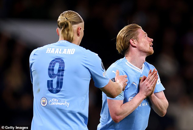 Erling Haaland (left) and Kevin De Bruyne (right) both missed glorious chances for City