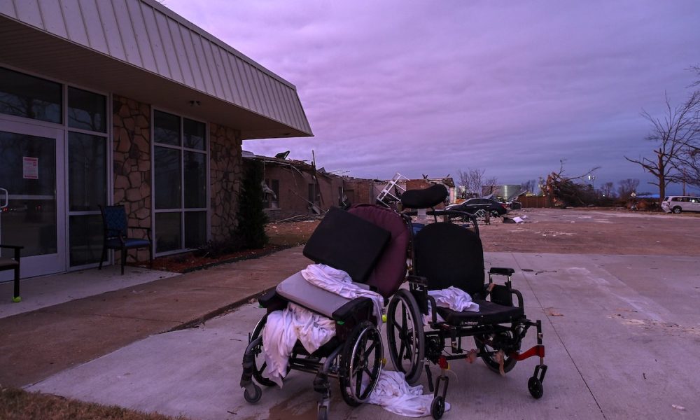 Wheelchairs outside a nursing home after it was destroyed by a tornado in Monette, Arkansas