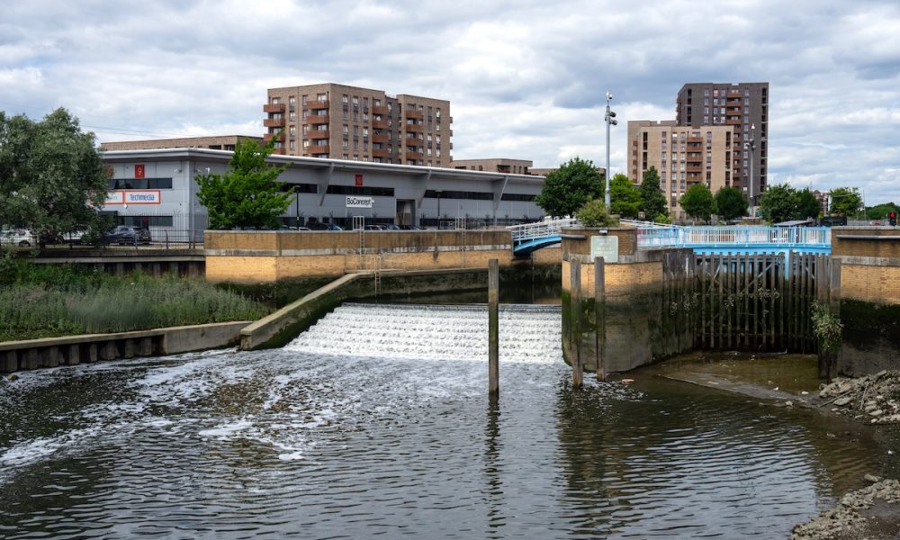 The PFAS-contaminated River Roding passes through a weir in London, England