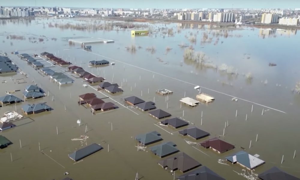 Flooding in Orenburg, Russia with homes almost completely submerged