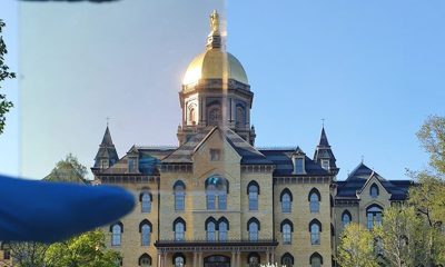 Notre Dame’s Golden Dome partially photographed through a sample (top left) of the new window coating researchers developed to block heat-generating ultraviolet and infrared light and allow for visible light, regardless of the sun’s angle
