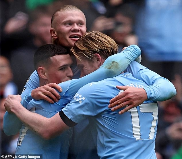Man City have four players, with Phil Foden (left), Erling Haaland (centre) and Kevin De Bruyne (right) making the cut