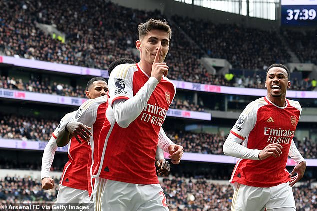 Kai Havertz gave Arsenal a 3-0 lead after heading in from a corner at the end of the first half