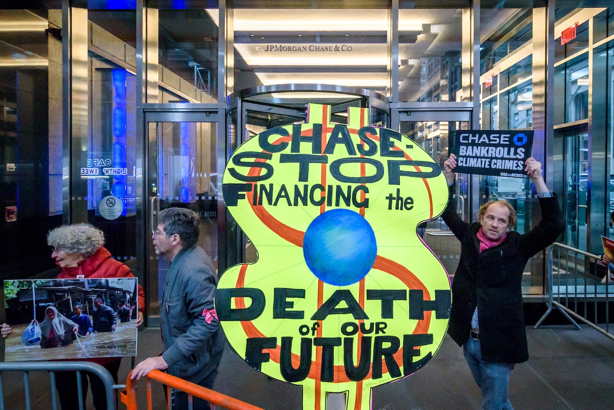 Protesters gathered outside the JPMorgan Chase headquarters in New York during Chase Bank’s Investor Day, demanding Chase end its massive funding of the fossil fuel industry