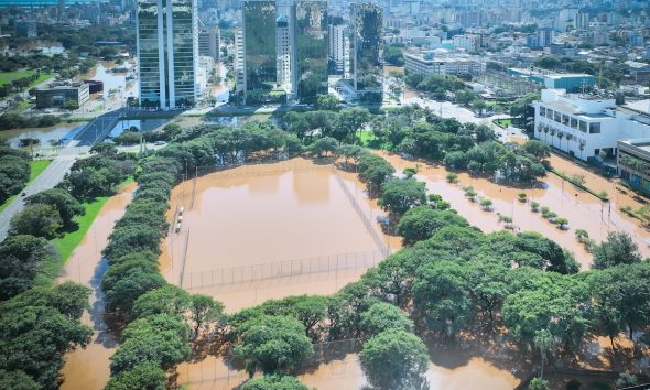 Aerial view of the flooded Travessia da Orla square at Menino Deus neighborhood in Rio Grande do Sul, Brazil