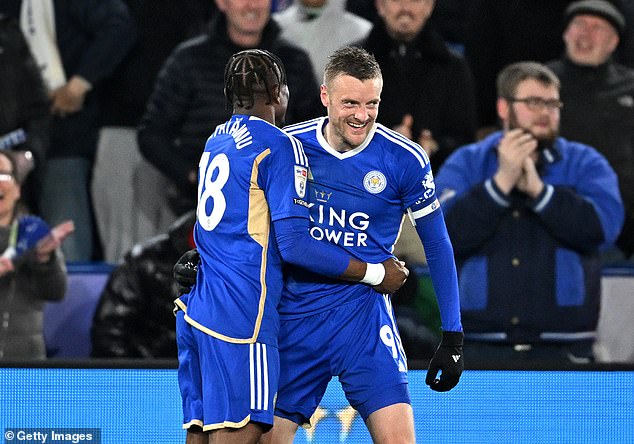 Jamie Vardy celebrates his goal as Championship leaders Leicester thrashed Southampton